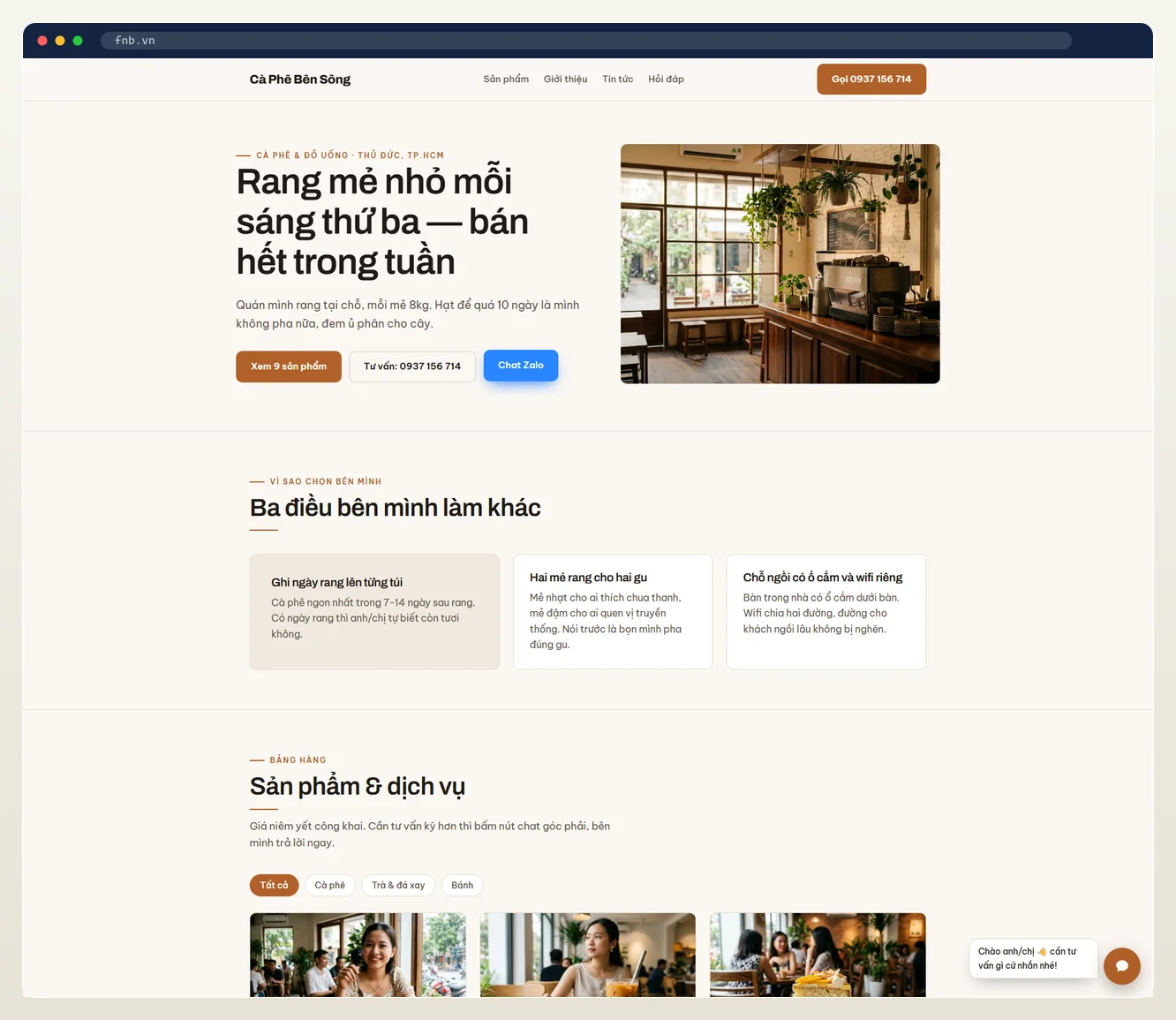 Ảnh chụp web đầy đủ ngành f&b / cafe / quán ăn do 7MAR dựng