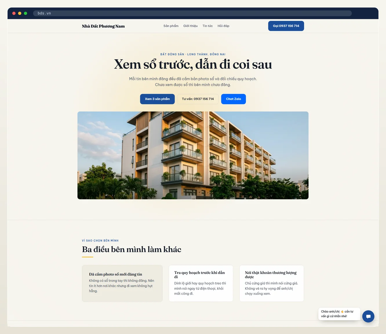 Ảnh chụp landing page ngành bất động sản do 7MAR dựng