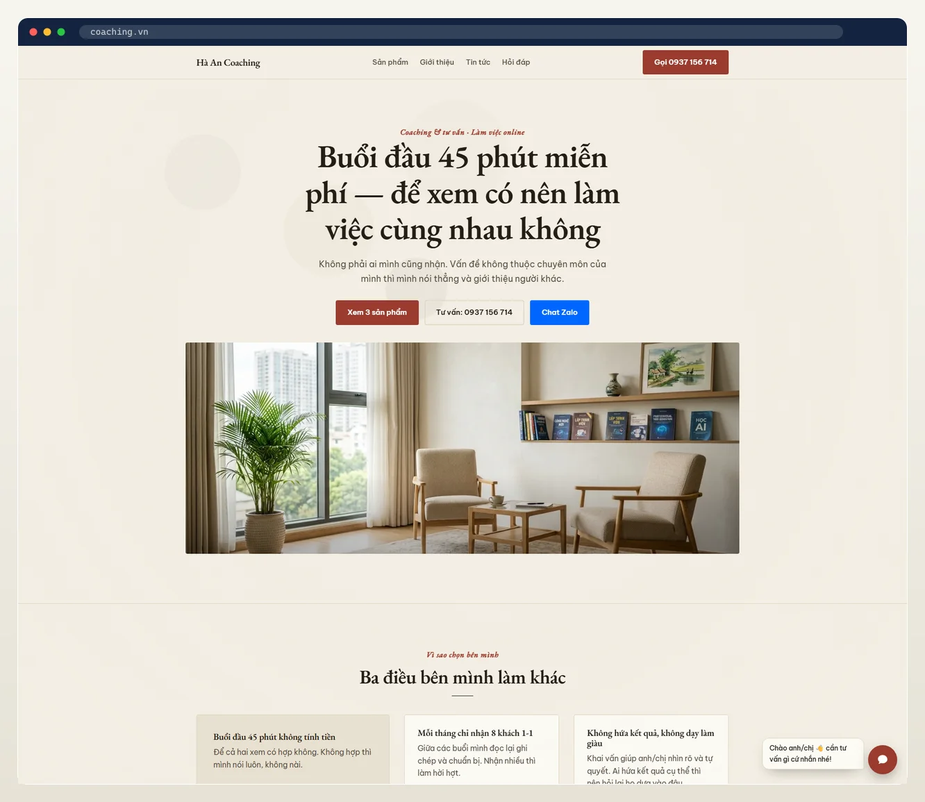 Ảnh chụp landing page ngành coaching / tư vấn do 7MAR dựng