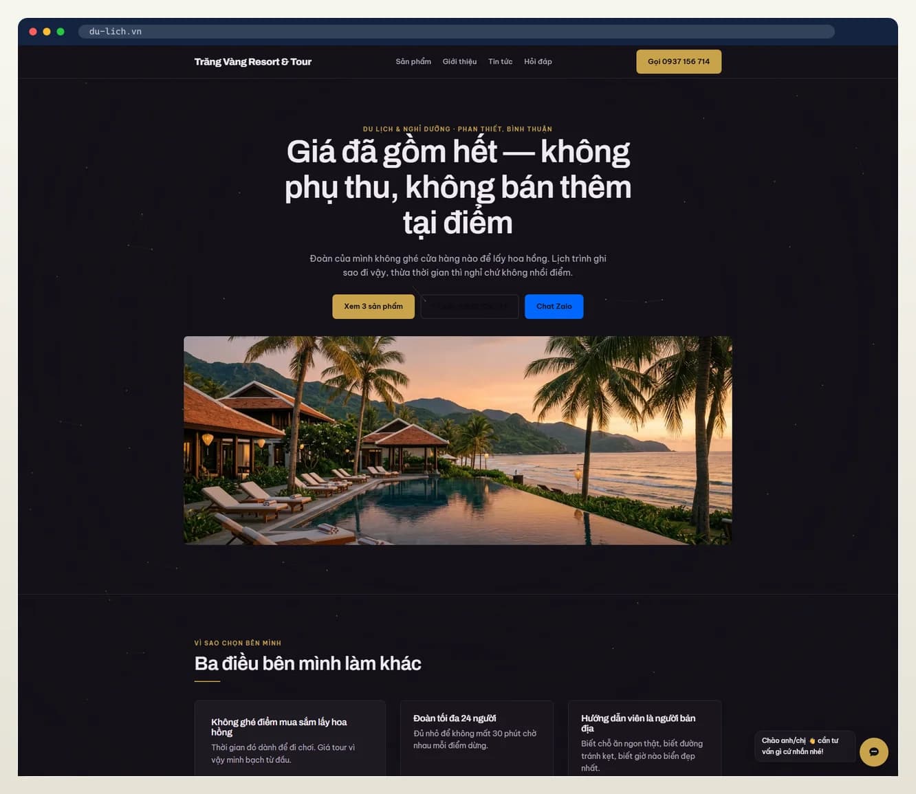 Ảnh chụp landing page ngành du lịch / resort do 7MAR dựng