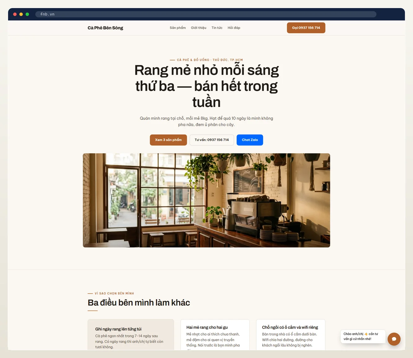 Ảnh chụp landing page ngành f&b / cafe / quán ăn do 7MAR dựng