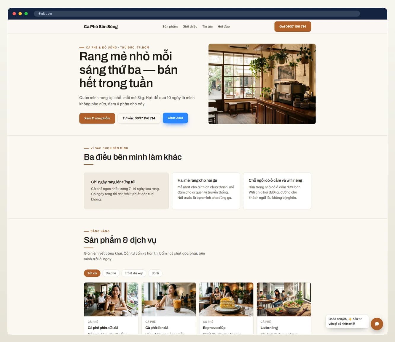 Ảnh chụp web tự vận hành ngành f&b / cafe / quán ăn do 7MAR dựng