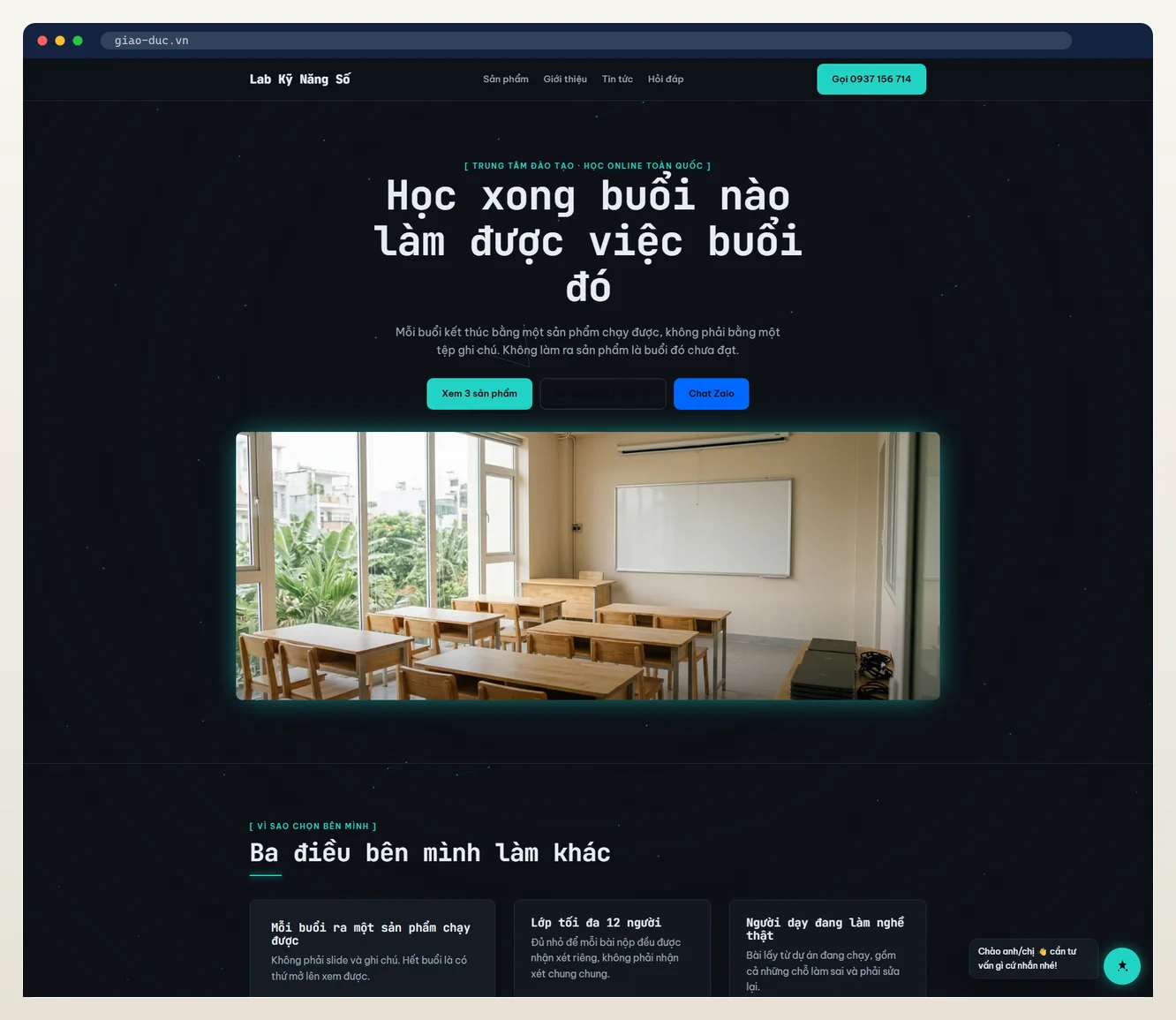 Ảnh chụp landing page ngành giáo dục / trung tâm do 7MAR dựng