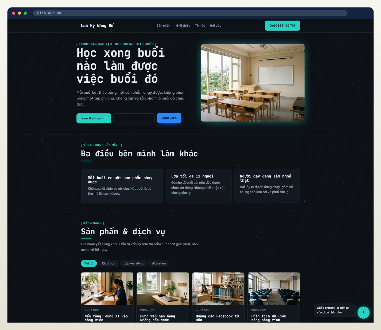 Ảnh chụp web tự vận hành ngành giáo dục / trung tâm do 7MAR dựng