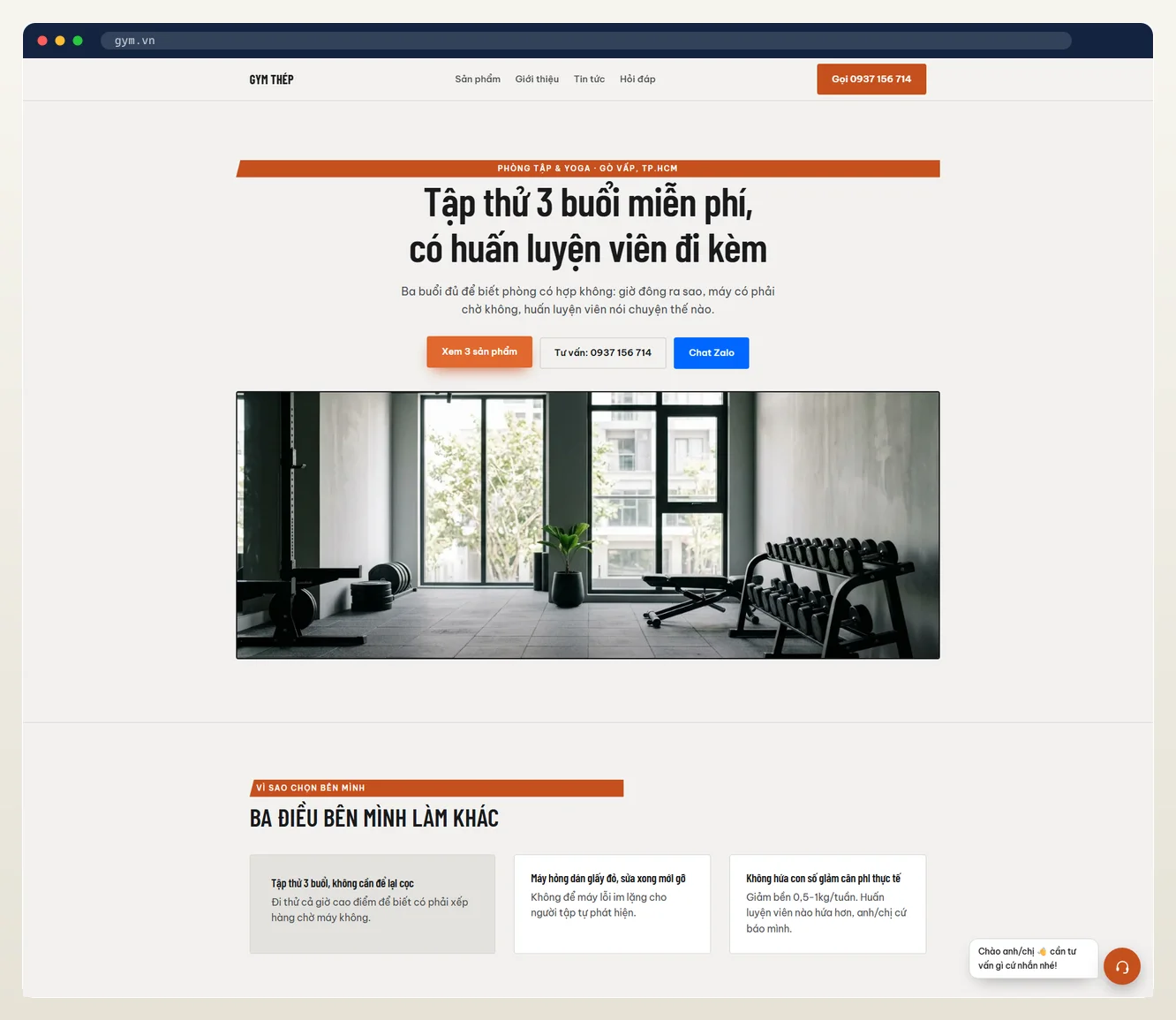 Ảnh chụp landing page ngành gym / yoga / thể hình do 7MAR dựng