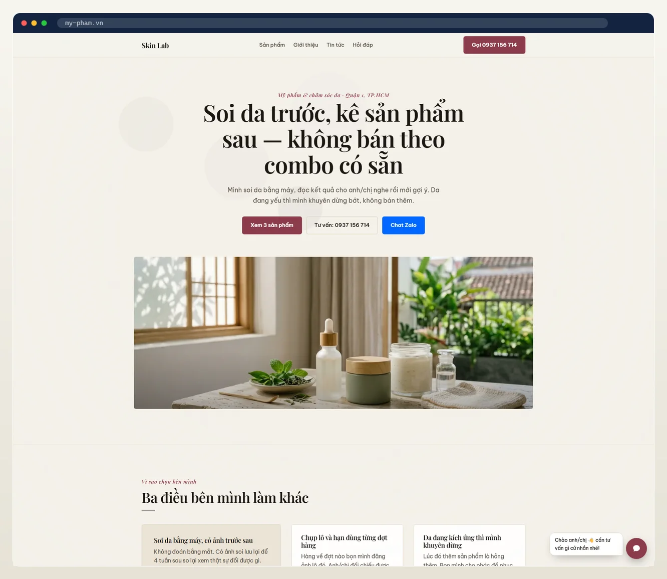 Ảnh chụp landing page ngành mỹ phẩm & skincare do 7MAR dựng