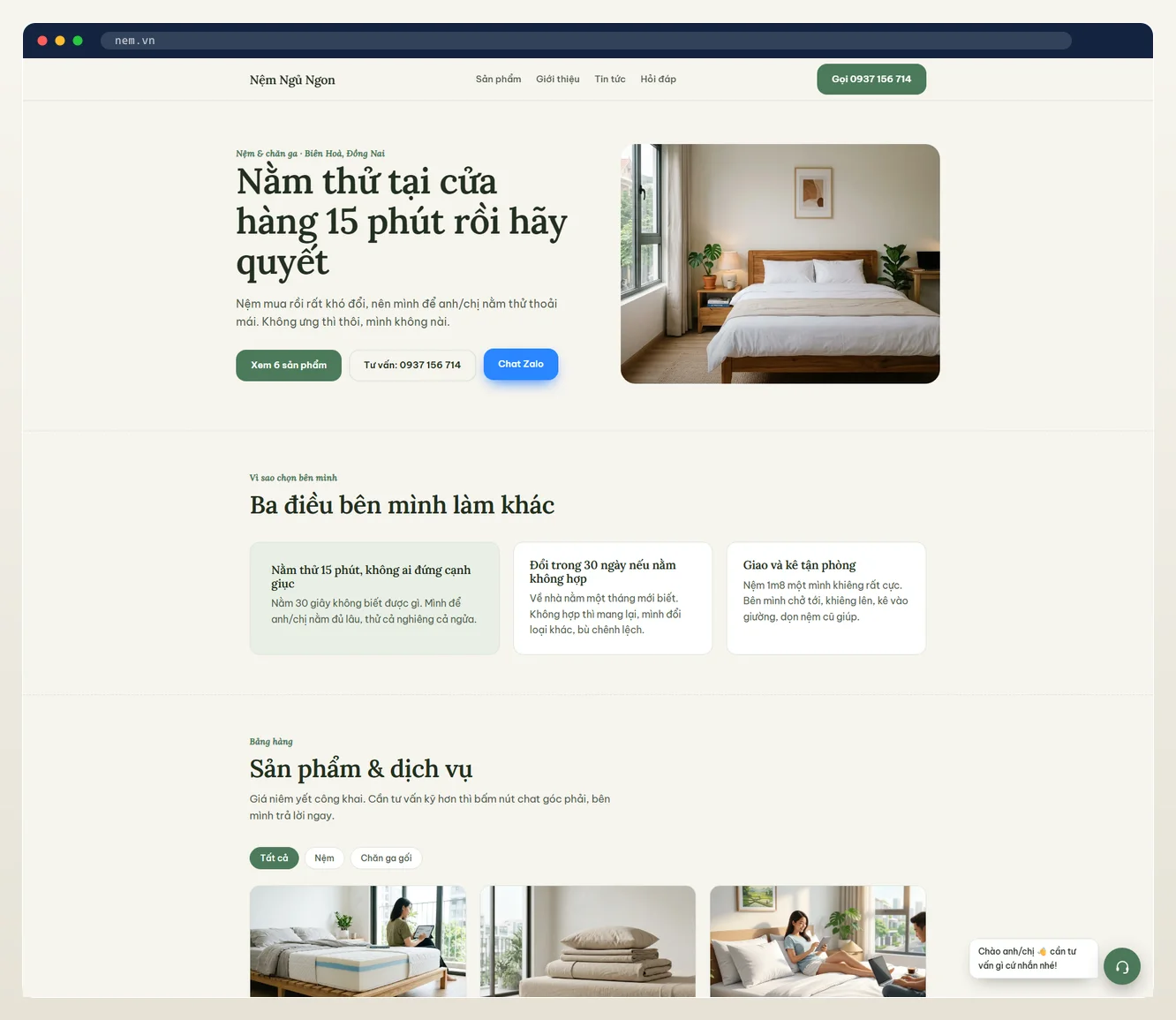 Ảnh chụp web bán hàng ngành nệm & chăn ga do 7MAR dựng