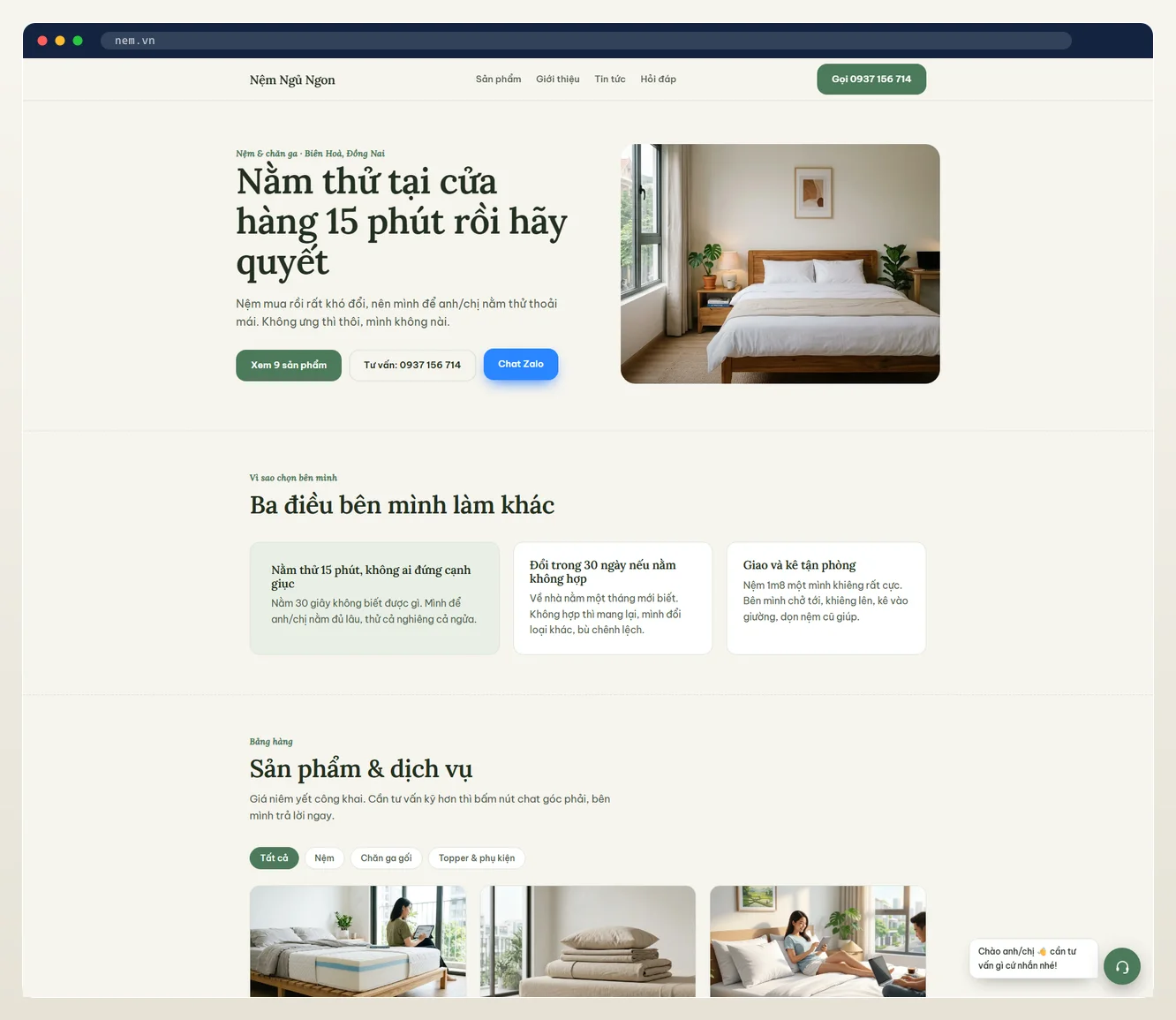 Ảnh chụp web đầy đủ ngành nệm & chăn ga do 7MAR dựng