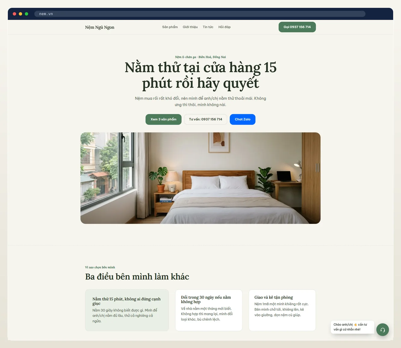 Ảnh chụp landing page ngành nệm & chăn ga do 7MAR dựng