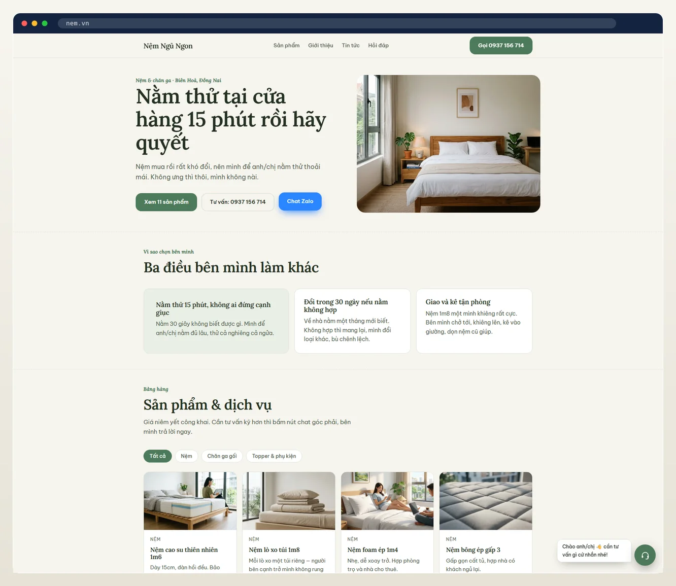 Ảnh chụp web tự vận hành ngành nệm & chăn ga do 7MAR dựng