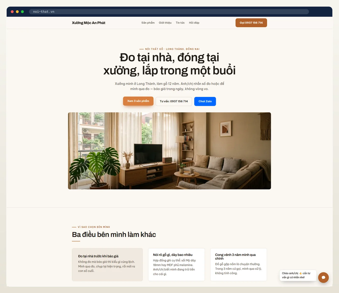 Ảnh chụp landing page ngành nội thất do 7MAR dựng