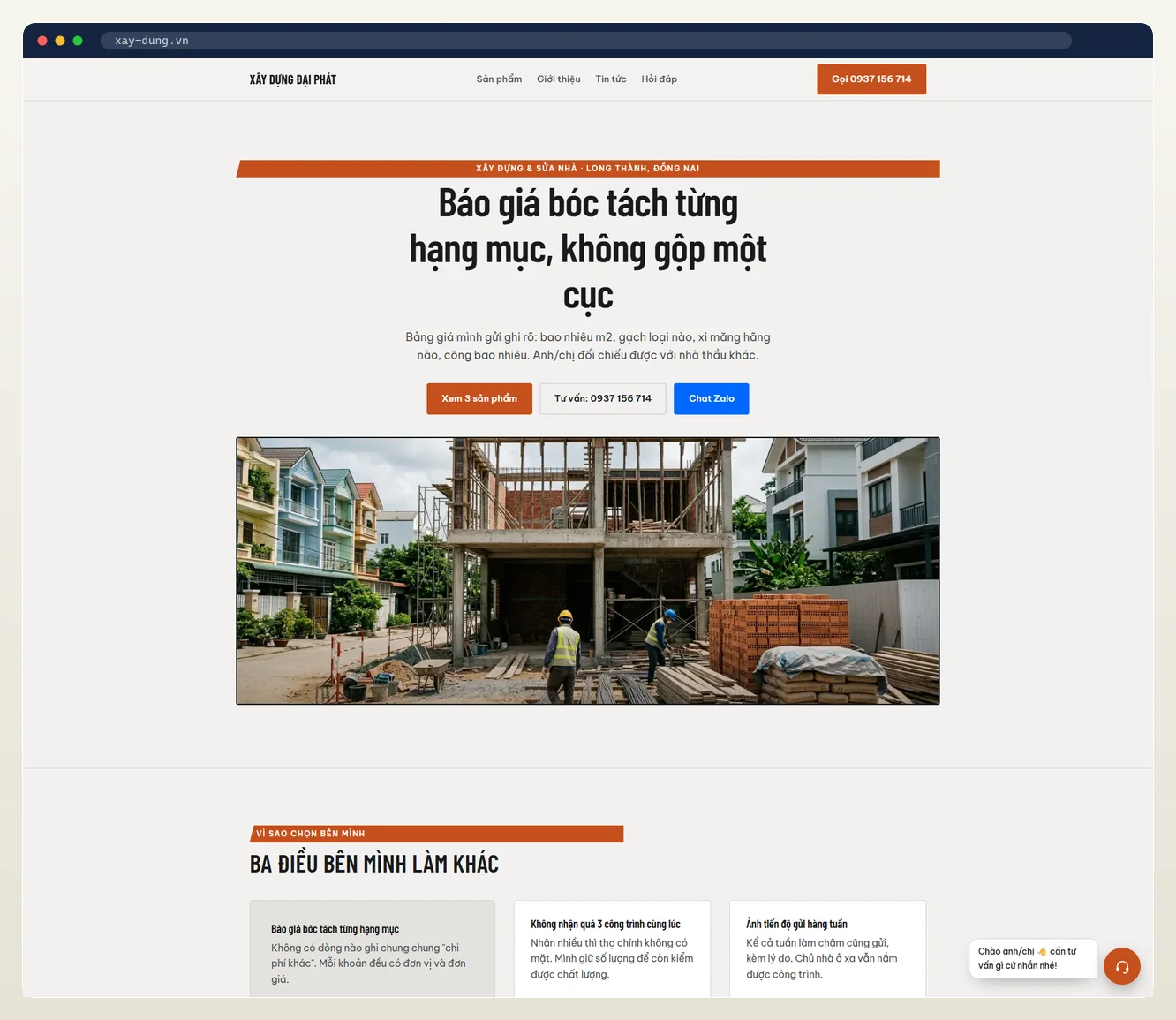 Ảnh chụp landing page ngành xây dựng & vật liệu do 7MAR dựng
