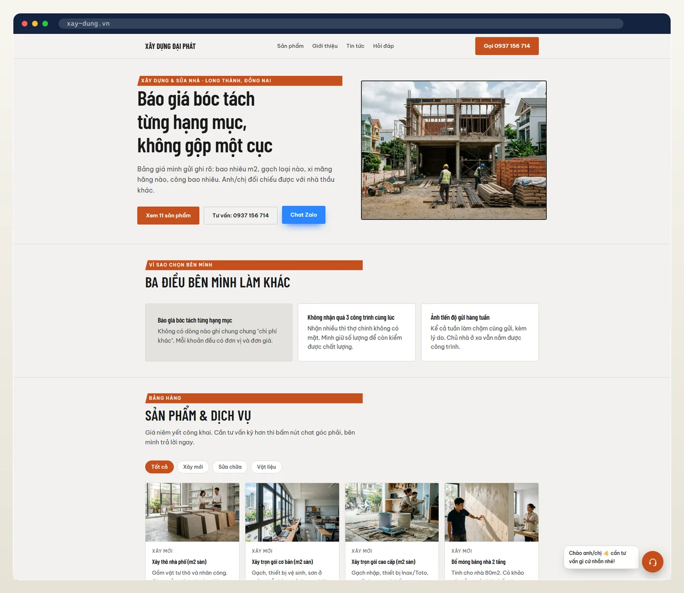 Ảnh chụp web tự vận hành ngành xây dựng & vật liệu do 7MAR dựng